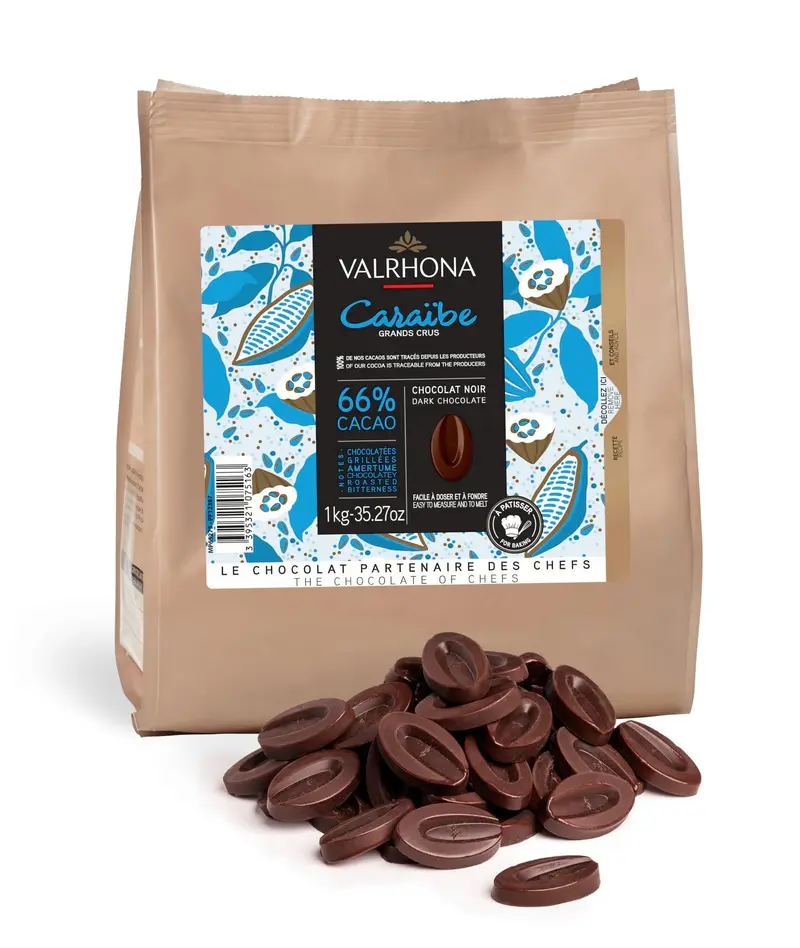 VALRHONA - Sack 1 kg Caraďbe 66% - Dunkle Schokolade - Sack Bohnen - 1kg