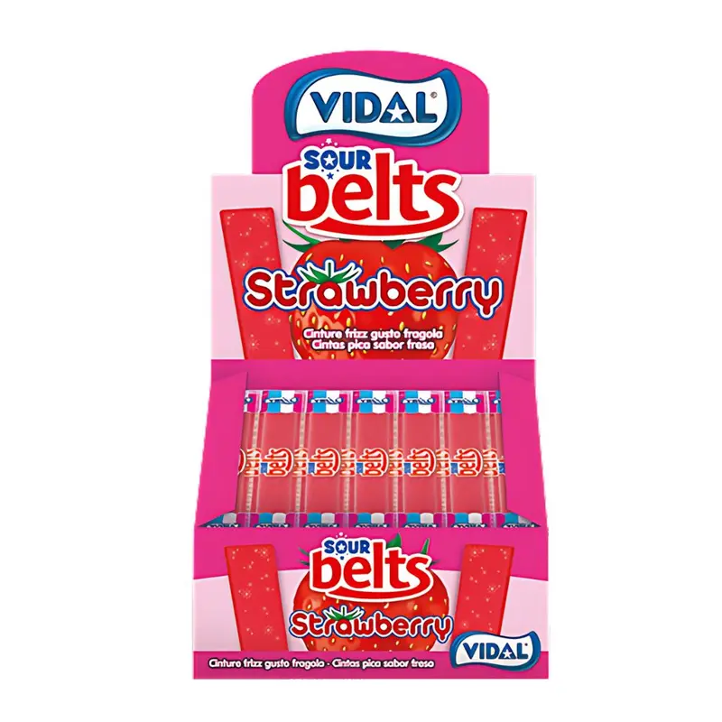 Vidal Sour Belts Strawberry, saure Erdbeerbonbons mit 9g (Packung mit 150 Stück)