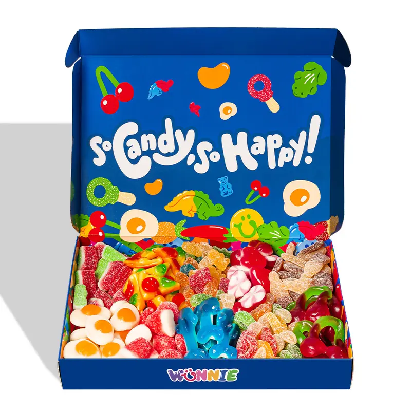 Wunnie box Blue "So Candy, So Happy", eine Schachtel mit Gummibonbons, die du mit deinen Lieblingsgeschmacksrichtungen zusammenstellen kannst