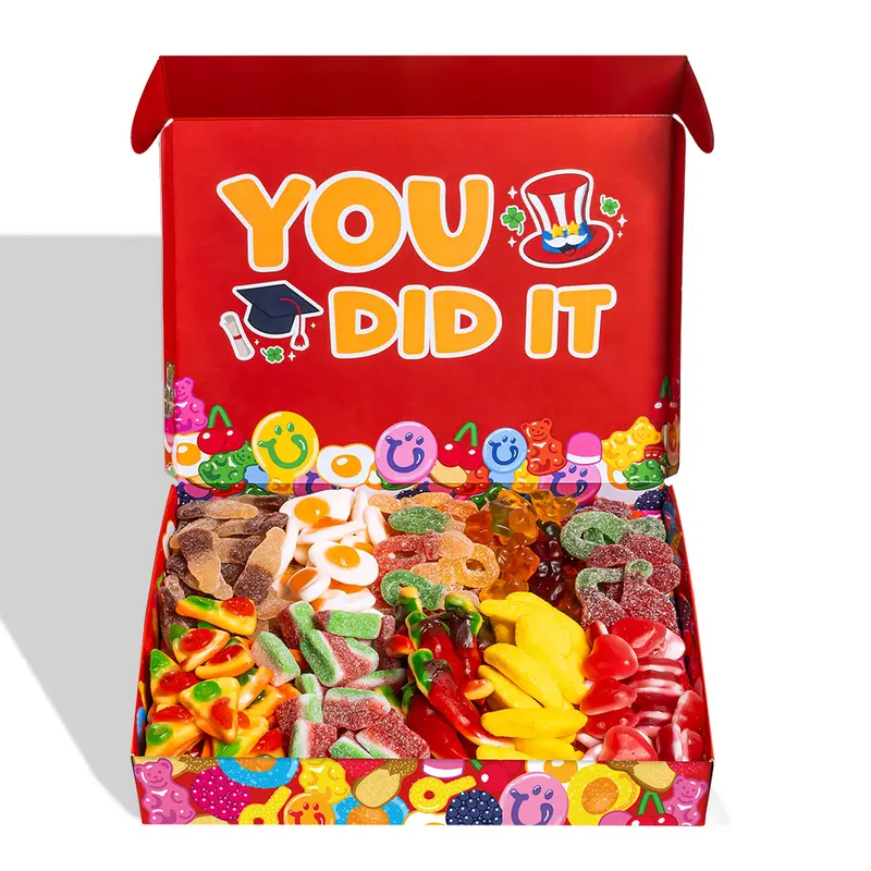 Wunnie box "Herzlichen Glückwunsch", eine Box mit Gummibonbons zum Zusammenstellen mit den Lieblingssorten des Absolventen