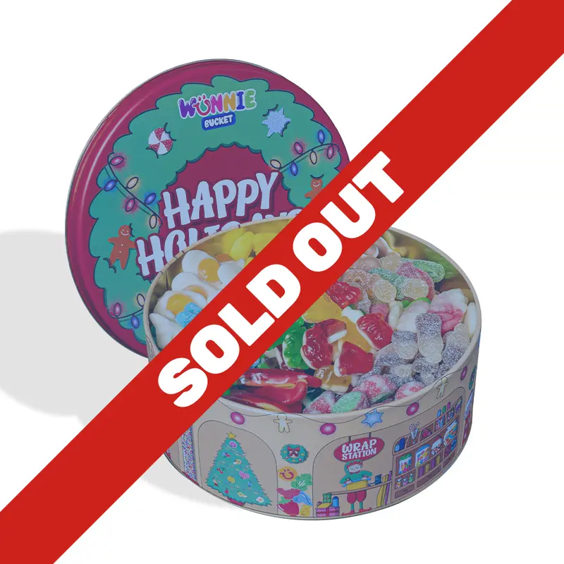 Wunnie Bucket “Frohe Feiertage”, Dose zum Selbstbefüllen mit deinen Lieblings-Fruchtgummis - 2 kg