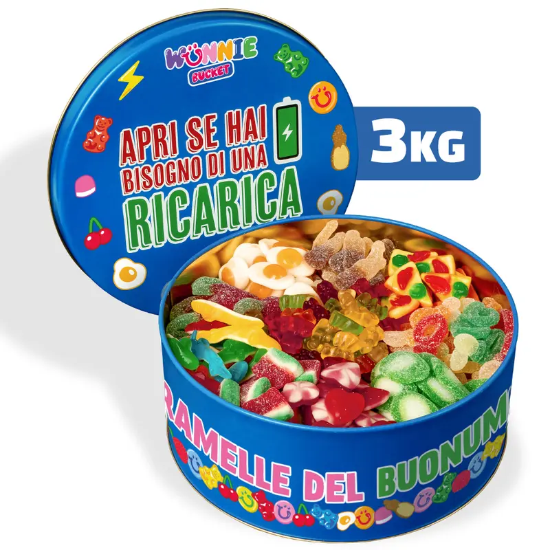 Wunnie Bucket "Öffnen, wenn du eine Aufladung brauchst", Dose mit Gummibonbons zum Zusammenstellen mit deinen Lieblingsgeschmäckern - 3 kg