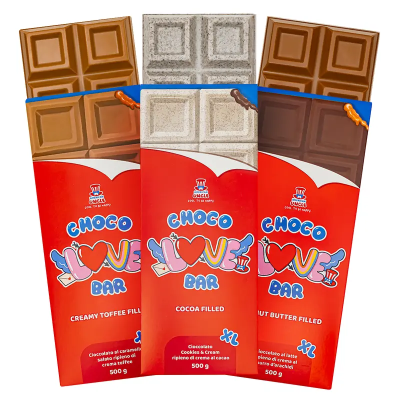 XL Erdnussbutter gefüllter Choco Love Riegel + XL Cremiger Toffee gefüllter Choco Love Riegel + XL Kakao gefüllter Choco Love Riegel