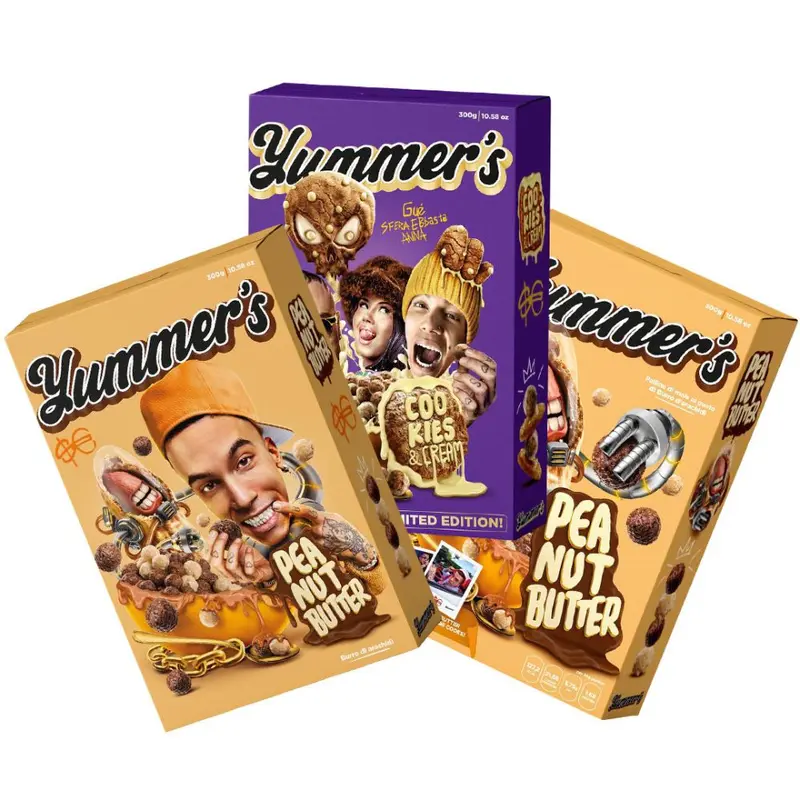 Yummer's 2 Cereali Erdnussbutter von Sfera Ebbasta (neue und alte Ausgabe) und Cereali Cookies & Cream von Sfera Ebbasta, Gué, Anna von 300g