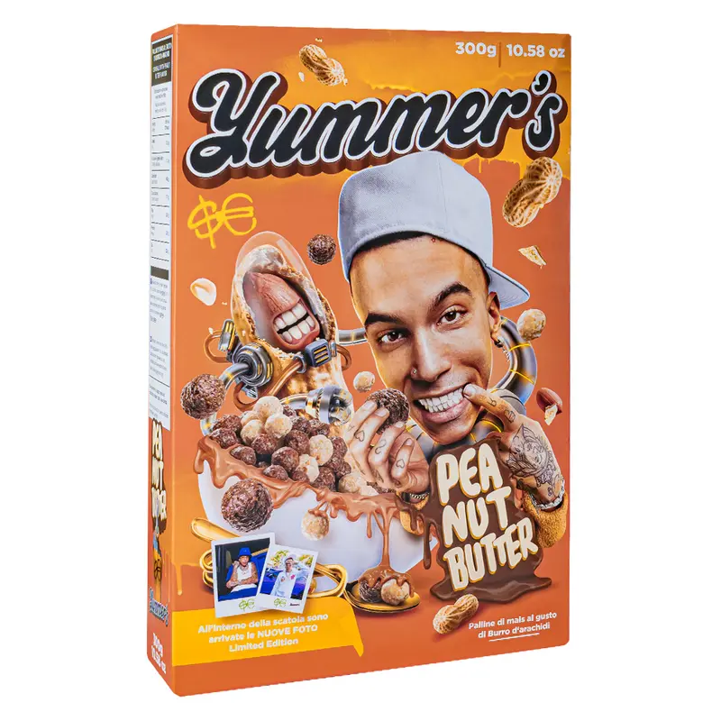 Yummer's Cereali Peanut Butter von Sfera Ebbasta, Maiskugeln mit Erdnussbuttergeschmack 300g | NEUE AUSGABE